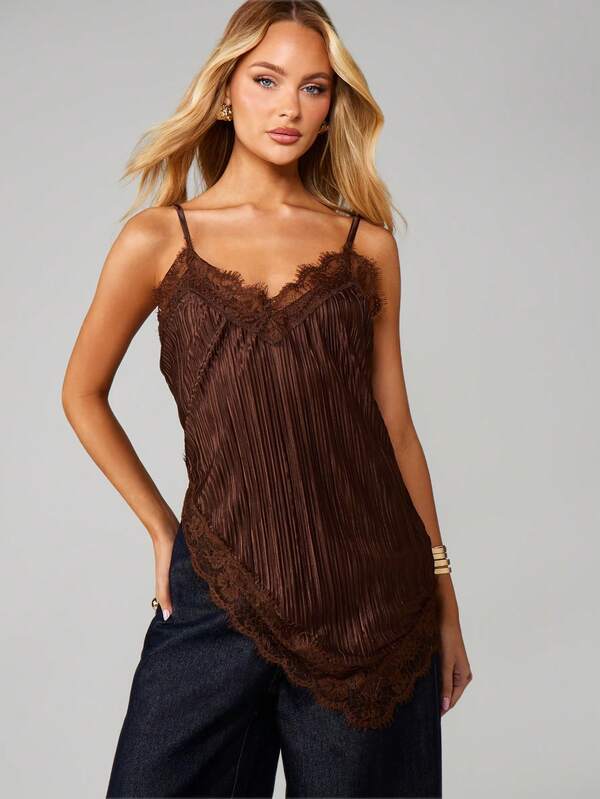MISSGUIDED Lace Trim Asymmetric Cami With Fringe