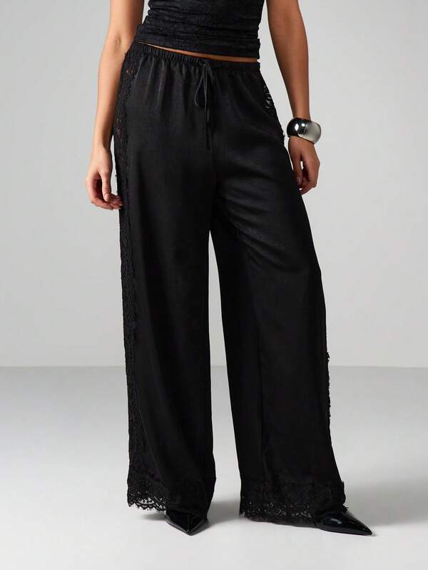 MISSGUIDED Lace Trim Wide Leg Palazzo Pants