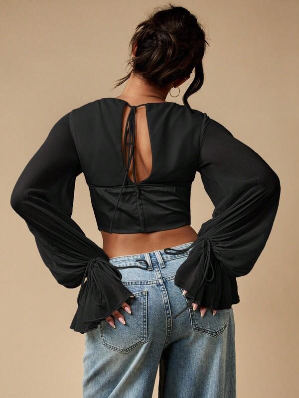 MISSGUIDED Lace Up Corset Top With Balloon Sleeves And Ruffles
