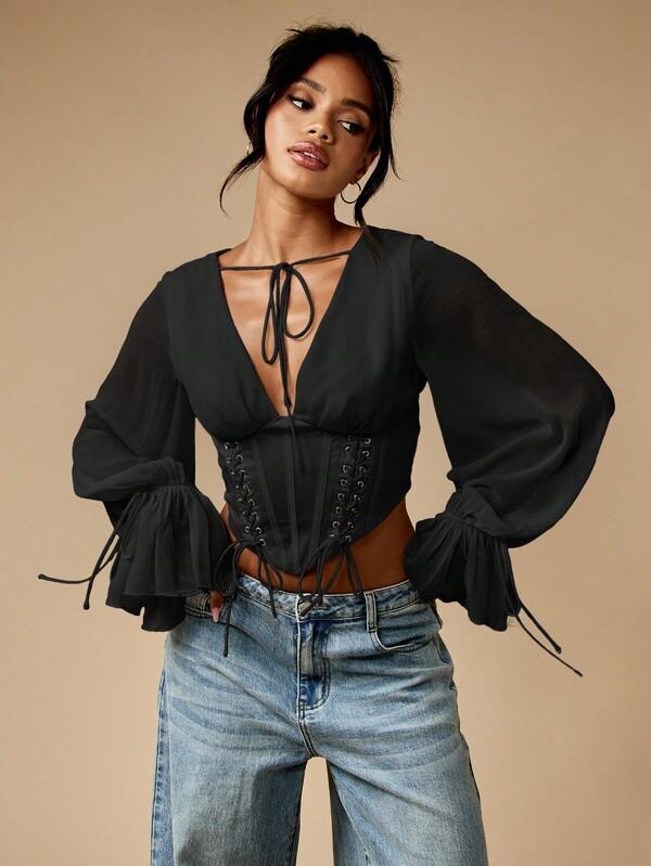 MISSGUIDED Lace Up Corset Top With Balloon Sleeves And Ruffles