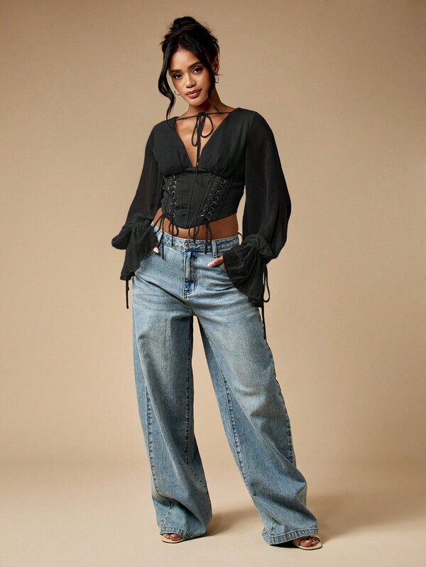MISSGUIDED Lace Up Corset Top With Balloon Sleeves And Ruffles