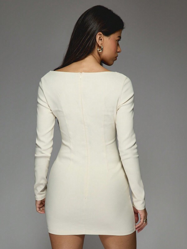 MISSGUIDED Lace Up Detail Wide Square Neck Long Sleeves Mini Dress
