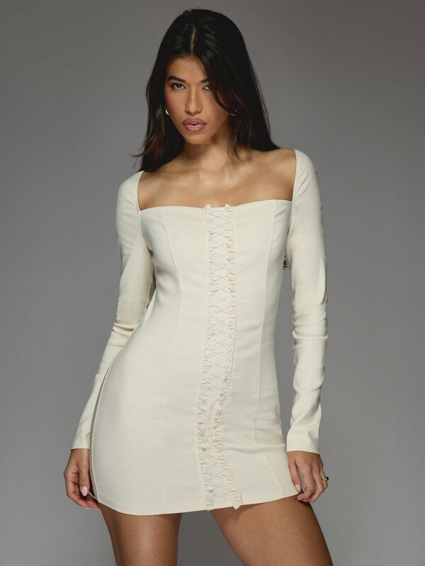 MISSGUIDED Lace Up Detail Wide Square Neck Long Sleeves Mini Dress