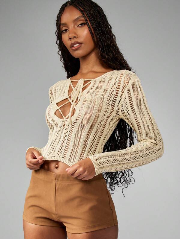 MISSGUIDED Lace Up Laddered Knit Plunge Crop Long Sleeve Sweater
