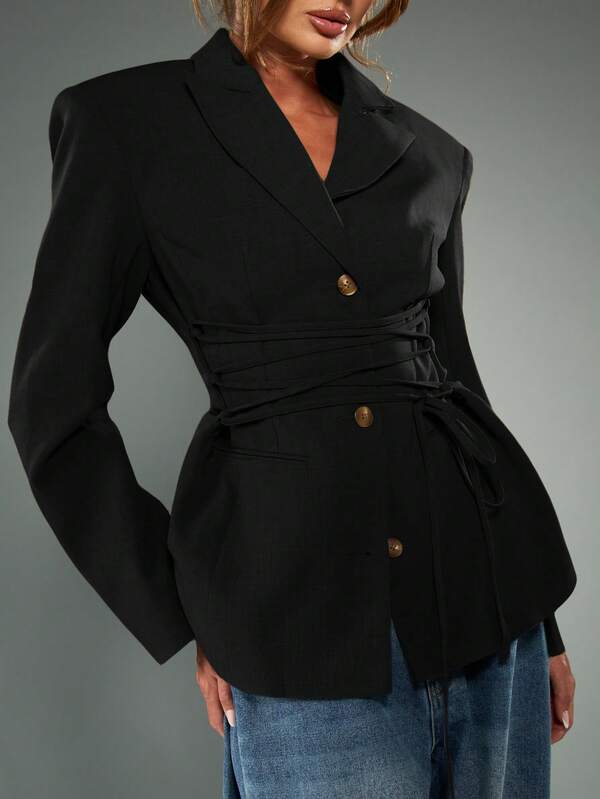 MISSGUIDED Lace Up Tie Waist Double Breasted Blazer