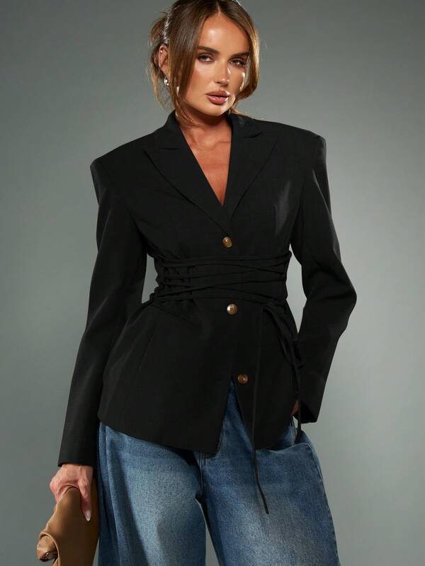 MISSGUIDED Lace Up Tie Waist Double Breasted Blazer
