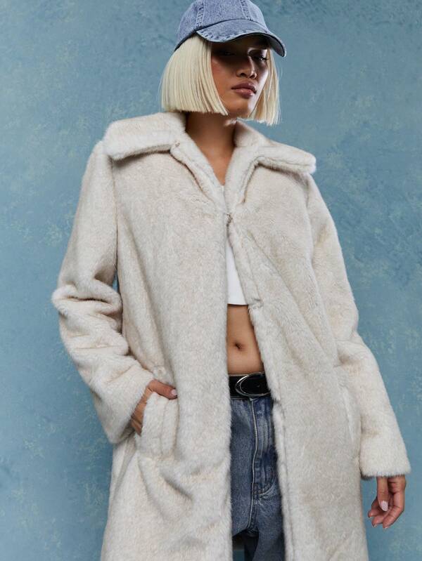 MISSGUIDED Lapel Collar Fluffy Long Coat With Pockets Winter Wear