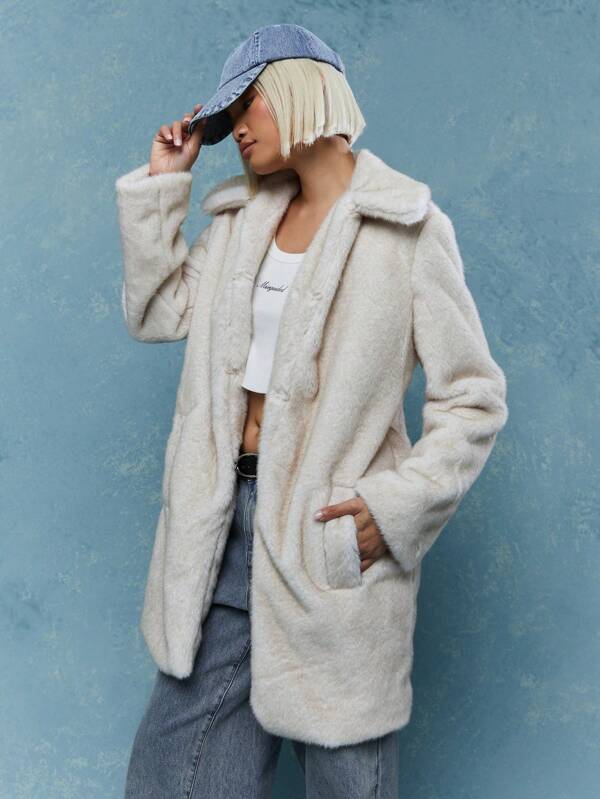 MISSGUIDED Lapel Collar Fluffy Long Coat With Pockets Winter Wear