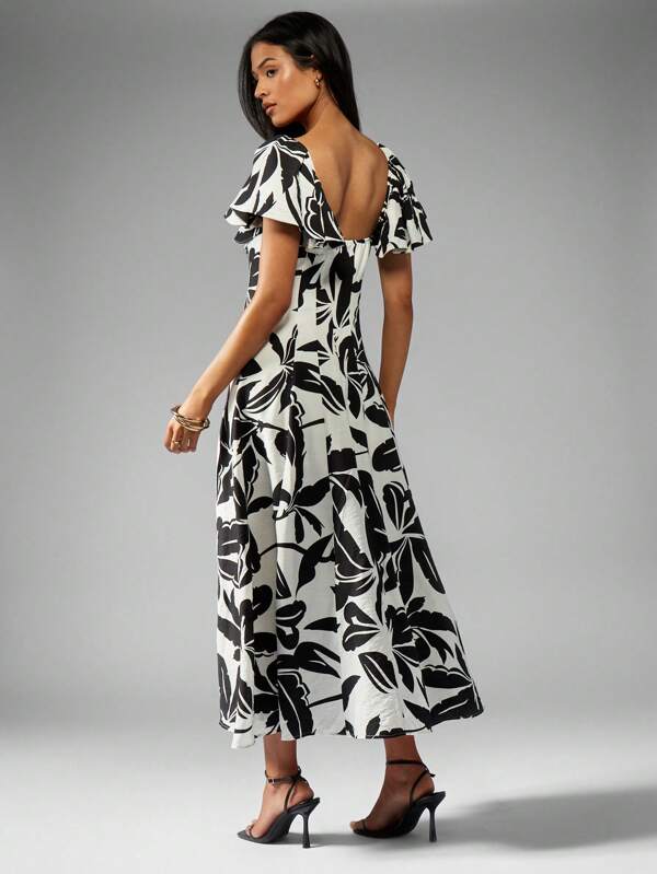 MISSGUIDED Leaf Print Linen Ruffle And Seam Detail Midi Dress