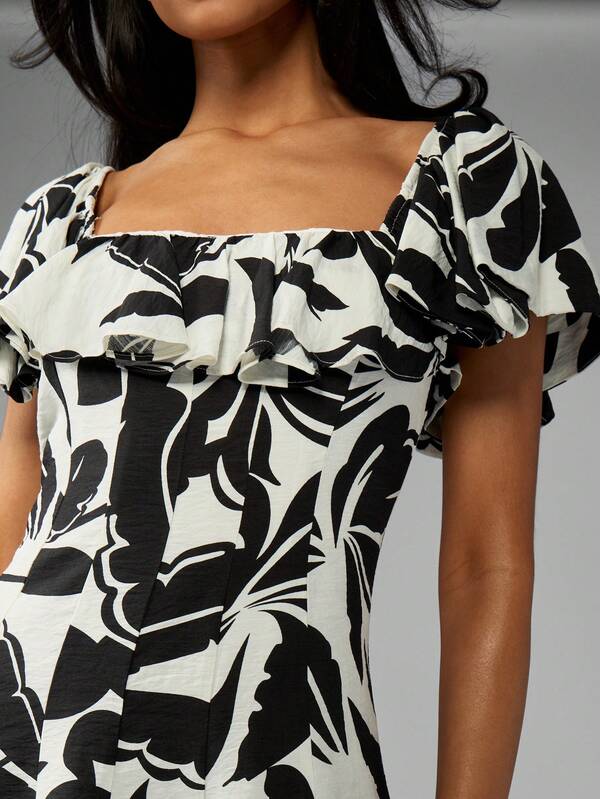MISSGUIDED Leaf Print Linen Ruffle And Seam Detail Midi Dress