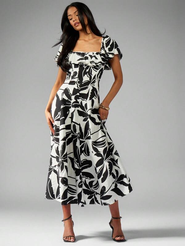 MISSGUIDED Leaf Print Linen Ruffle And Seam Detail Midi Dress