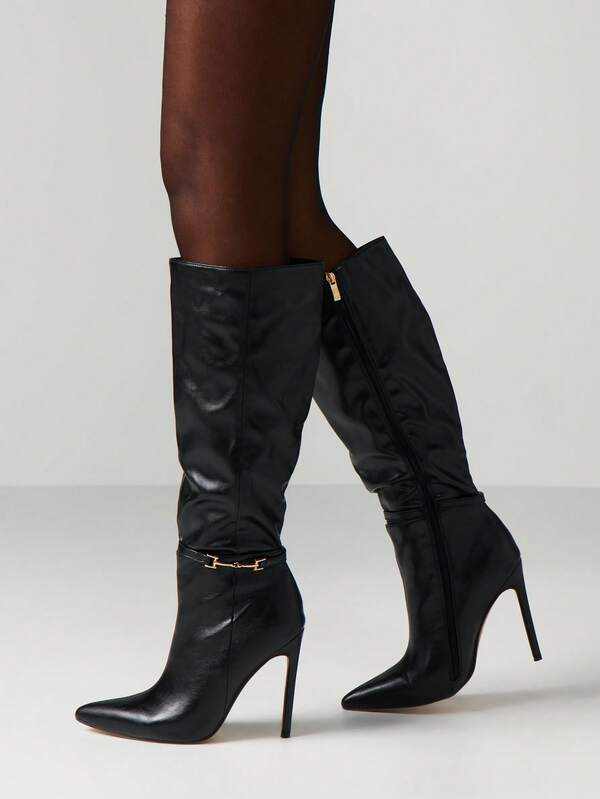 MISSGUIDED Leather Knee High Stiletto Boots With Chain Detail