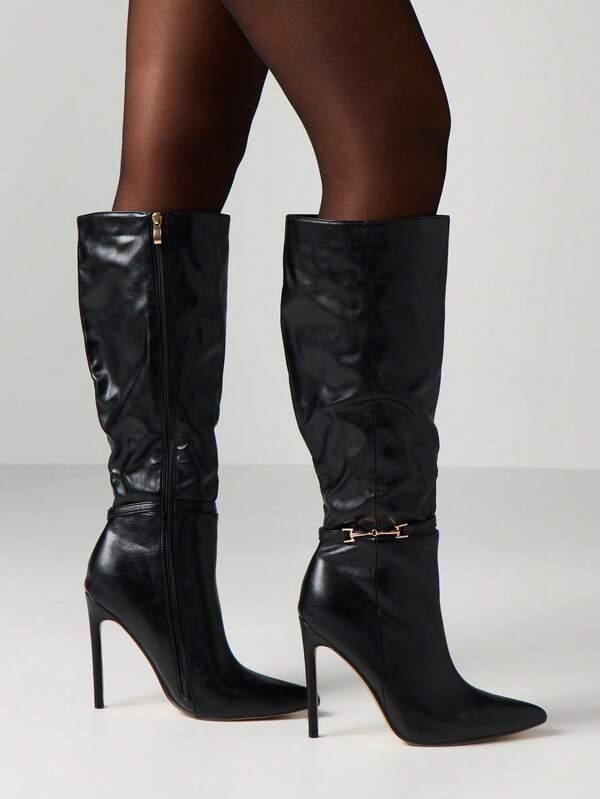 MISSGUIDED Leather Knee High Stiletto Boots With Chain Detail