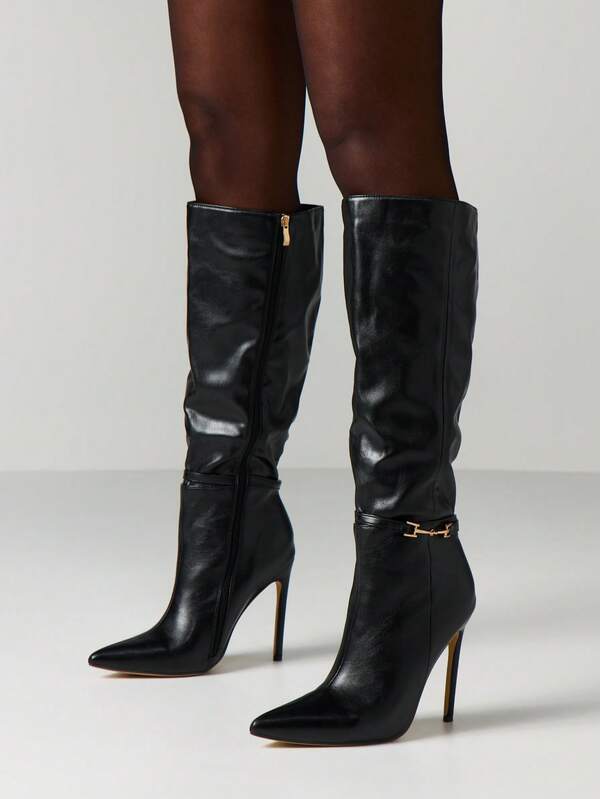 MISSGUIDED Leather Knee High Stiletto Boots With Chain Detail