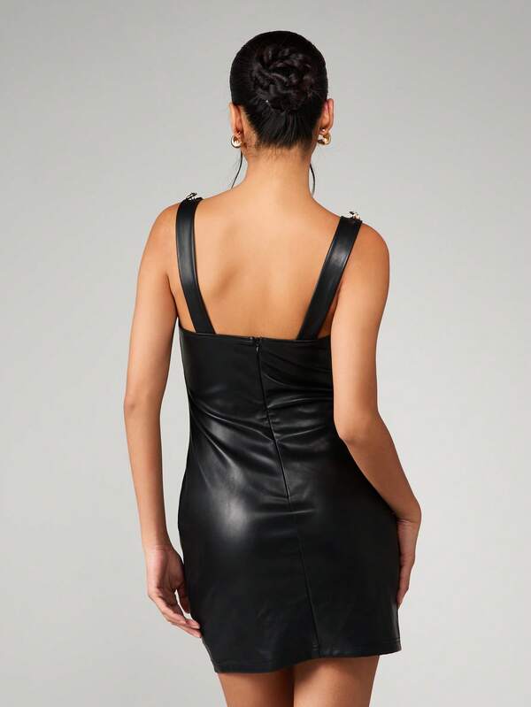 MISSGUIDED Leather Mini Dress With Gold Button Straps