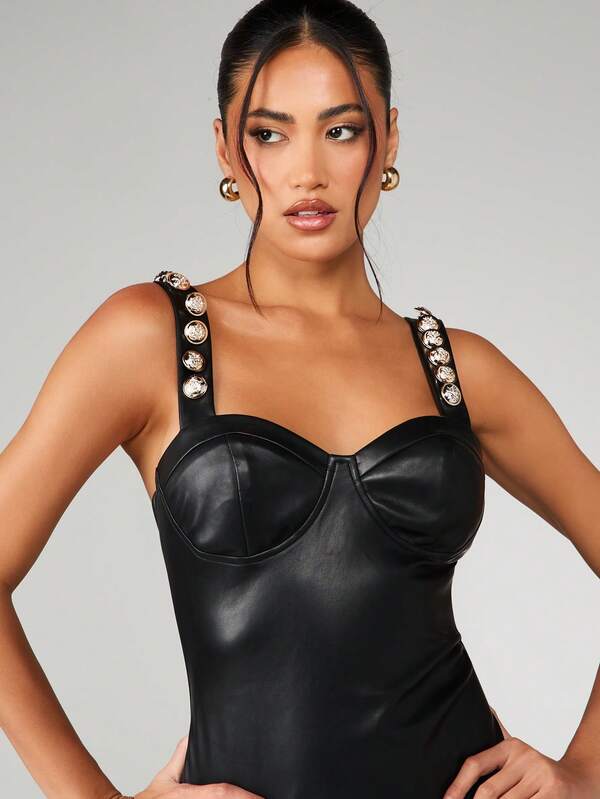 MISSGUIDED Leather Mini Dress With Gold Button Straps