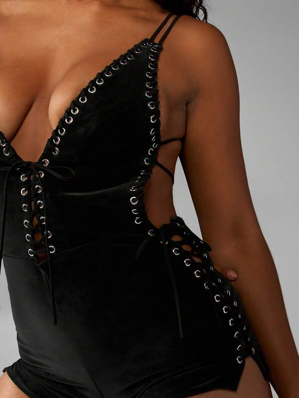 MISSGUIDED Leather Romper With Lace Up Details And Chain
