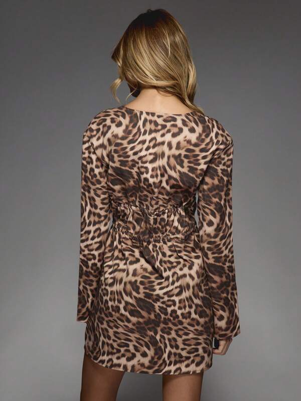 MISSGUIDED Leopard Print Bow Detail Front Plunge Neckline Denim Mini Dress