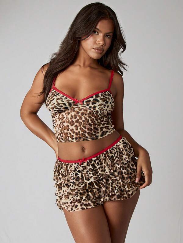 MISSGUIDED Leopard Print Crop Top And Tiered Ruffle Mini Skirt
