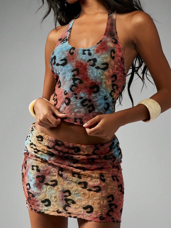 MISSGUIDED Leopard Print Halter Crop Top With Ruched Mini Skirt