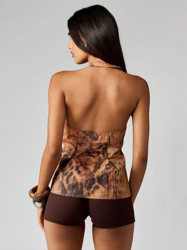 MISSGUIDED Leopard Print Halter Neck Pleated Top