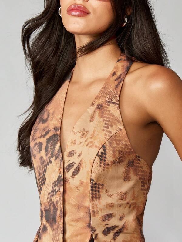 MISSGUIDED Leopard Print Halter Neck Pleated Top