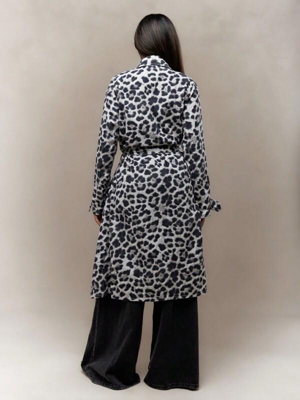 MISSGUIDED Leopard Print Lapel Collar Denim Long Jacket With Belt Winter Wear