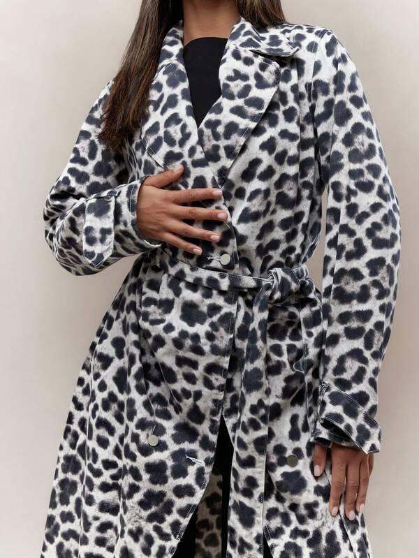 MISSGUIDED Leopard Print Lapel Collar Denim Long Jacket With Belt Winter Wear