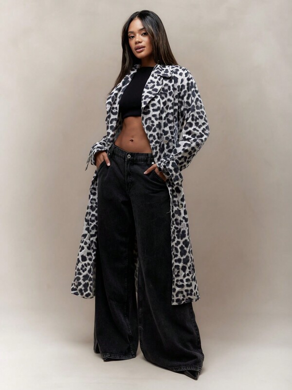 MISSGUIDED Leopard Print Lapel Collar Denim Long Jacket With Belt Winter Wear