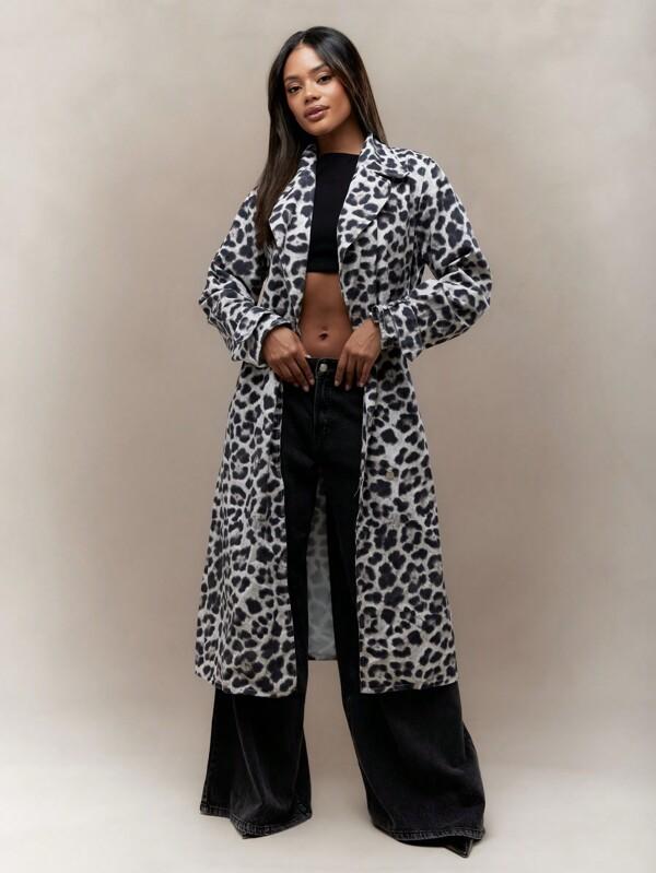 MISSGUIDED Leopard Print Lapel Collar Denim Long Jacket With Belt Winter Wear