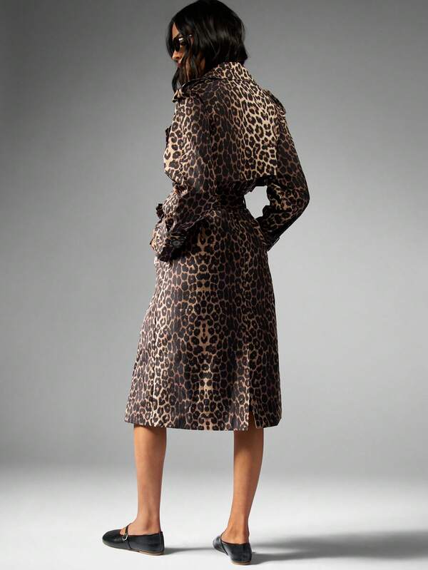 MISSGUIDED Leopard Print Long Belted Double Breasted Trench Coat