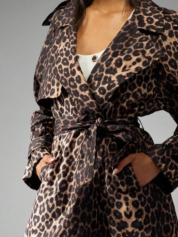 MISSGUIDED Leopard Print Long Belted Double Breasted Trench Coat