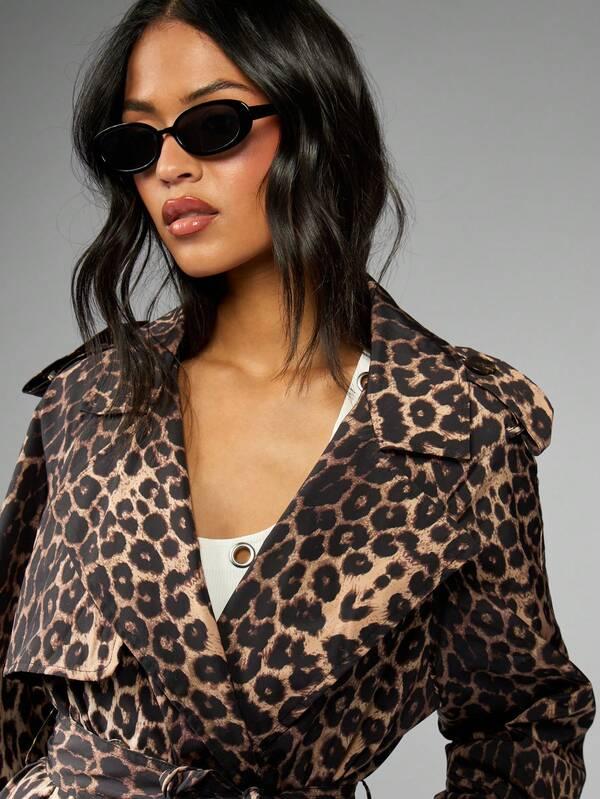 MISSGUIDED Leopard Print Long Belted Double Breasted Trench Coat