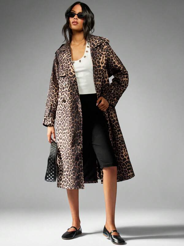 MISSGUIDED Leopard Print Long Belted Double Breasted Trench Coat
