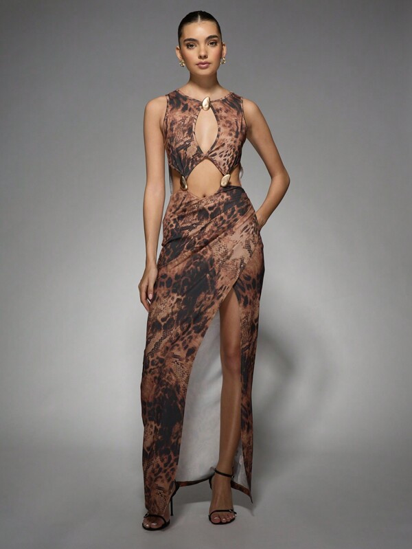 MISSGUIDED Leopard Print Maxi Dress With Embellished Cut-Outs And Keyhole
