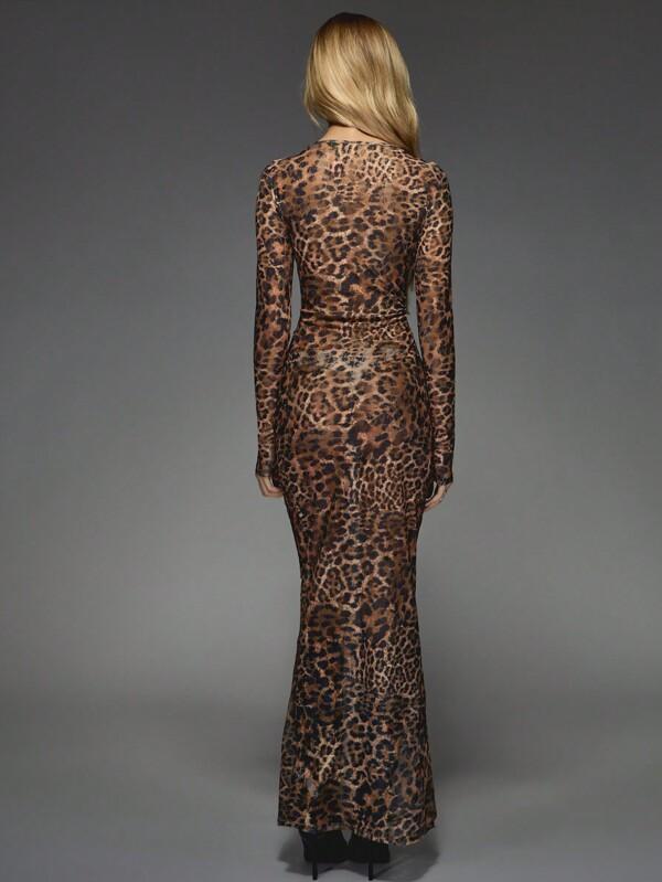 MISSGUIDED Leopard Print Mesh Maxi Dress With Long Sleeves
