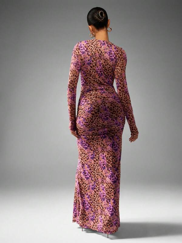 MISSGUIDED Leopard Print Mesh Maxi Dress With Plunge Neck And Ruched Details