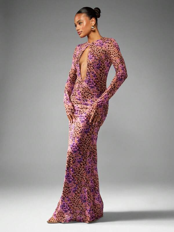 MISSGUIDED Leopard Print Mesh Maxi Dress With Plunge Neck And Ruched Details