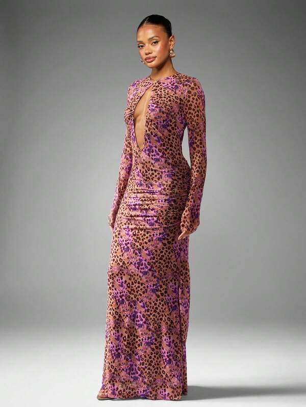 MISSGUIDED Leopard Print Mesh Maxi Dress With Plunge Neck And Ruched Details