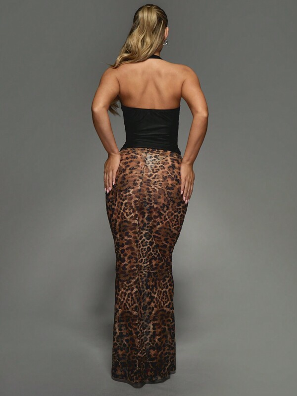MISSGUIDED Leopard Print Mesh Maxi Skirt With Lace Pattern
