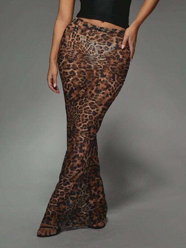 MISSGUIDED Leopard Print Mesh Maxi Skirt With Lace Pattern
