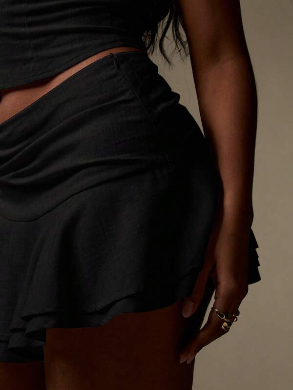MISSGUIDED Linen Bandeau Crop Top Mini Skirt Matching Layered Two-Piece Outfit
