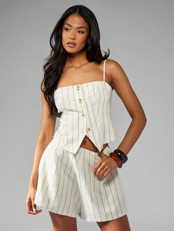MISSGUIDED Linen Blend Striped Button-Front Cropped Tank