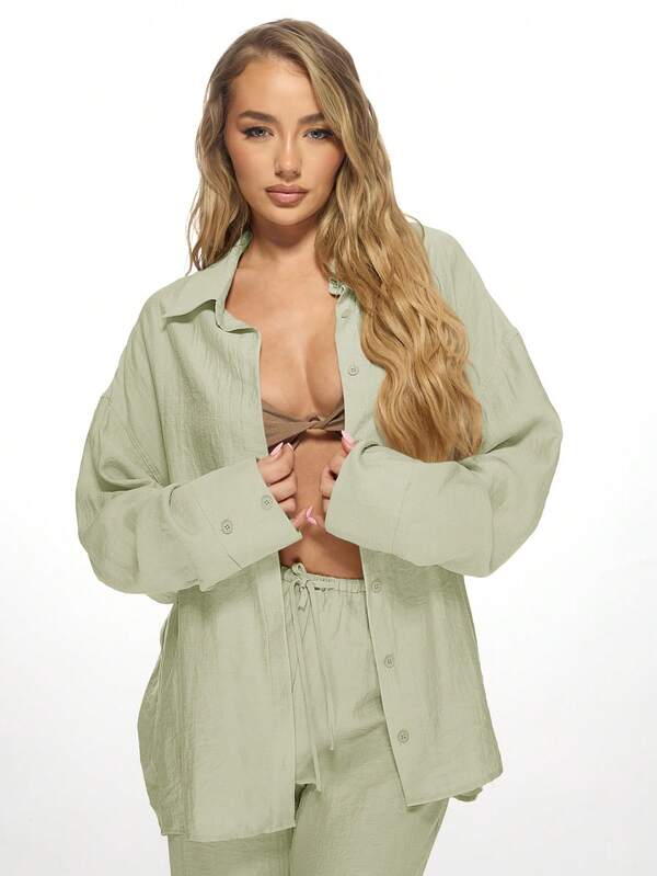 MISSGUIDED Linen Breathable Loose Shirt Palazzo Pants Set
