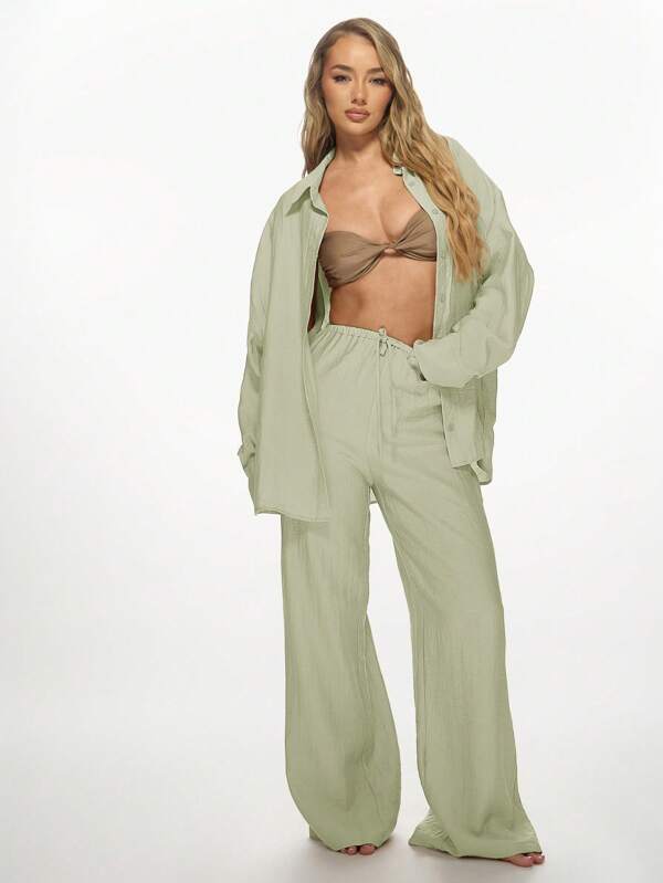 MISSGUIDED Linen Breathable Loose Shirt Palazzo Pants Set