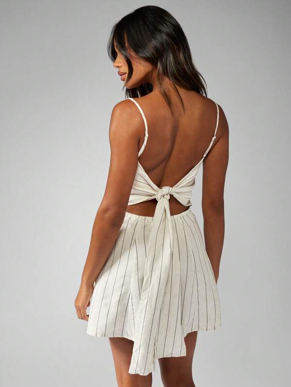MISSGUIDED Linen Button Front Pinstripes Spaghetti Strap Cami Fitted Mini Dress