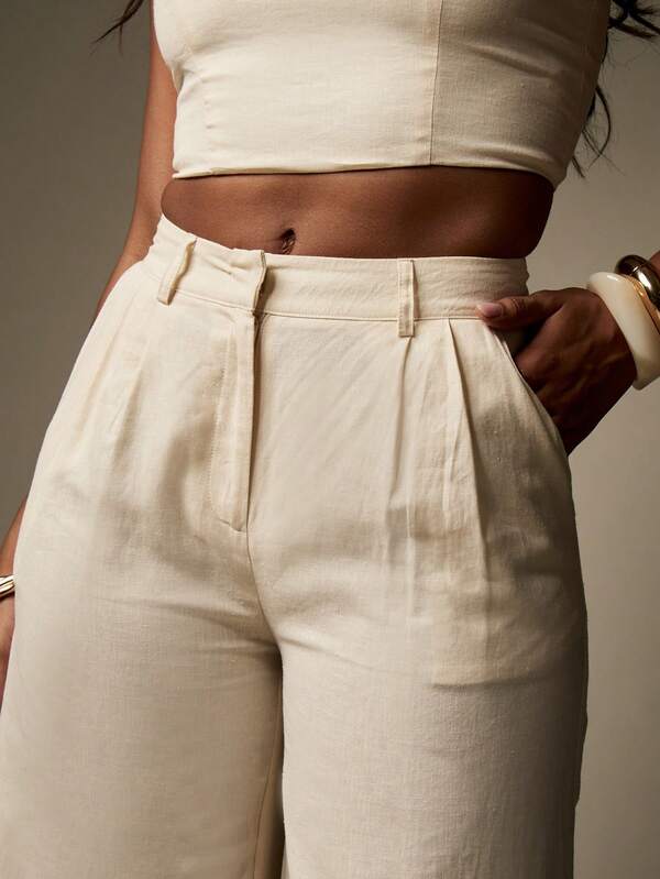 MISSGUIDED Linen Cropped Tank Top Wide Leg Two-Piece Outfit