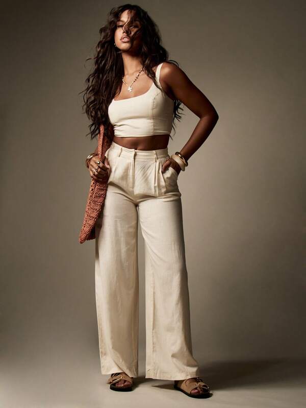 MISSGUIDED Linen Cropped Tank Top Wide Leg Two-Piece Outfit