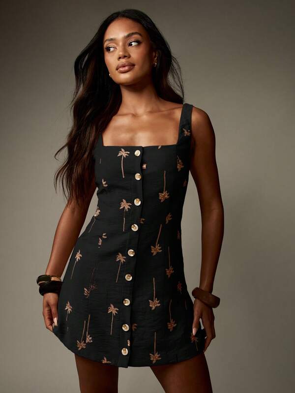 MISSGUIDED Linen Feel Button Down Mini Dress With Palm Tree Embroidery