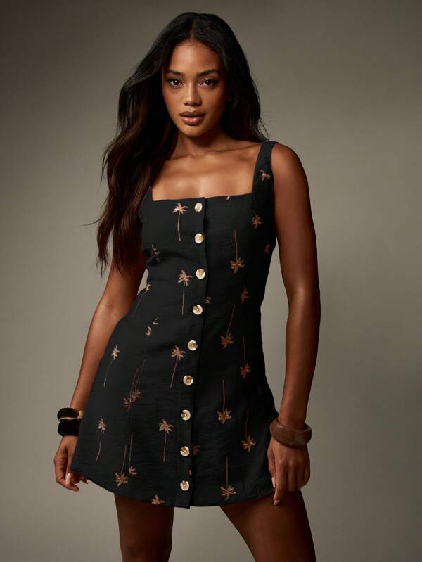MISSGUIDED Linen Feel Button Down Mini Dress With Palm Tree Embroidery